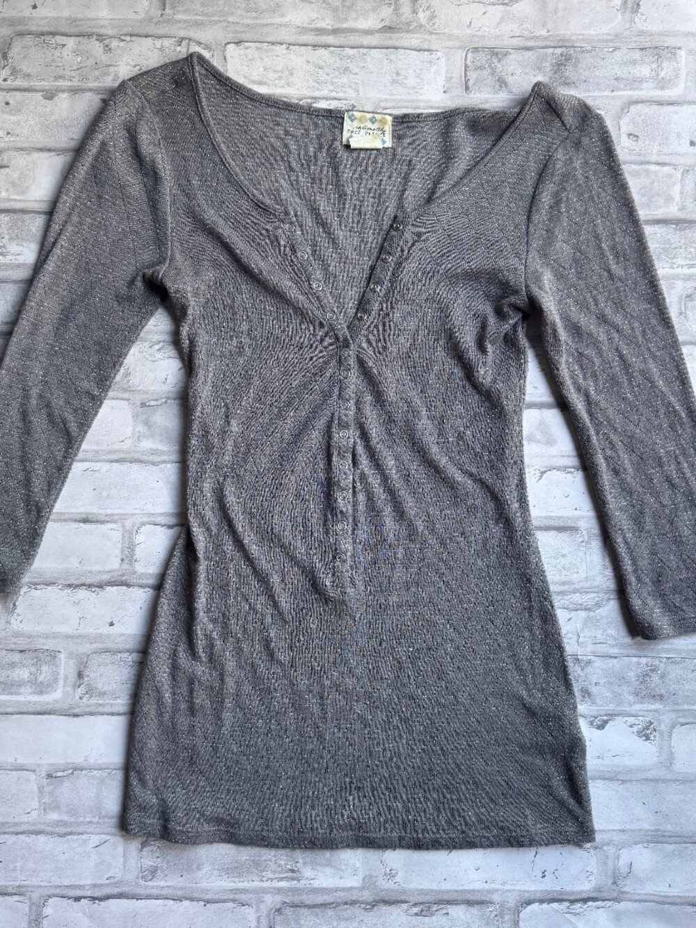 FREE PEOPLE | Intimately Women’s Gray Silver Pointelle Knit Henley Snap Top XS